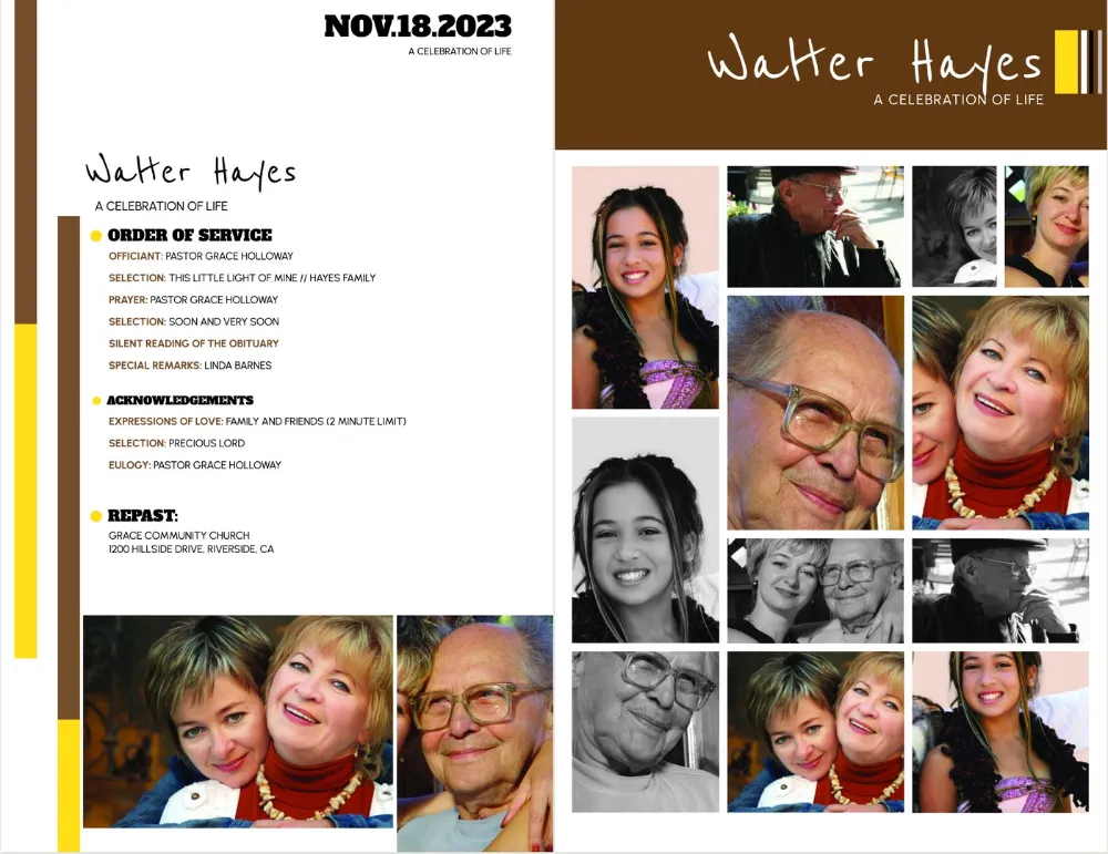 Celebrate Me inside pages: order of service, acknowledgements and repast on the left, a grid of twelve photos on the right.