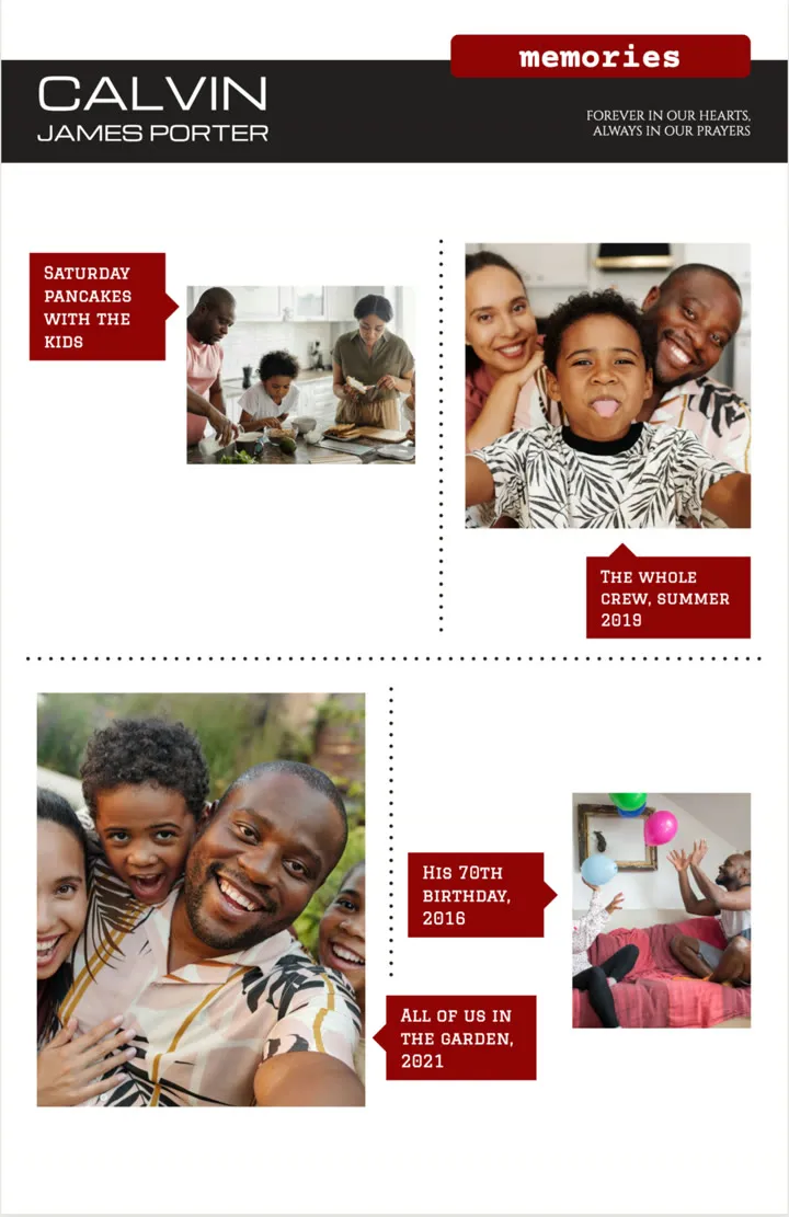 Cornerstone back cover: four photos split by dotted rules, each with a red caption.
