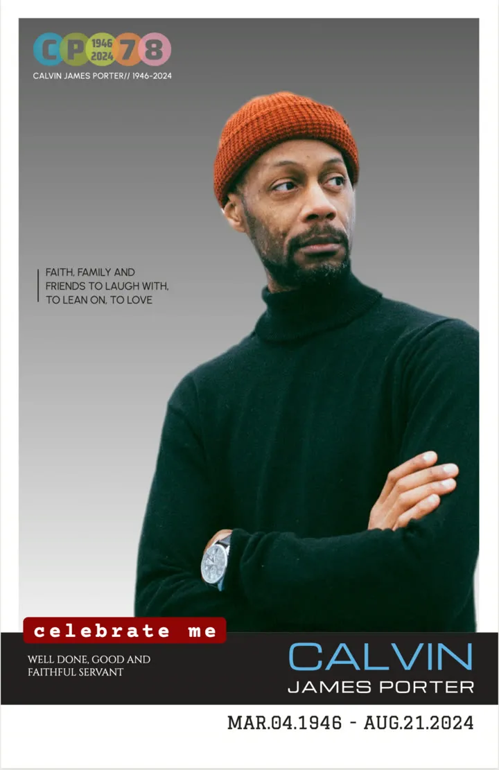 Cornerstone funeral program cover: their portrait in a white border, five bright circles, and their name in wide capitals on a black band with a red tab.