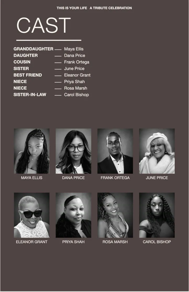 Curtain Call back cover: the family as a cast list with black and white headshots on charcoal.