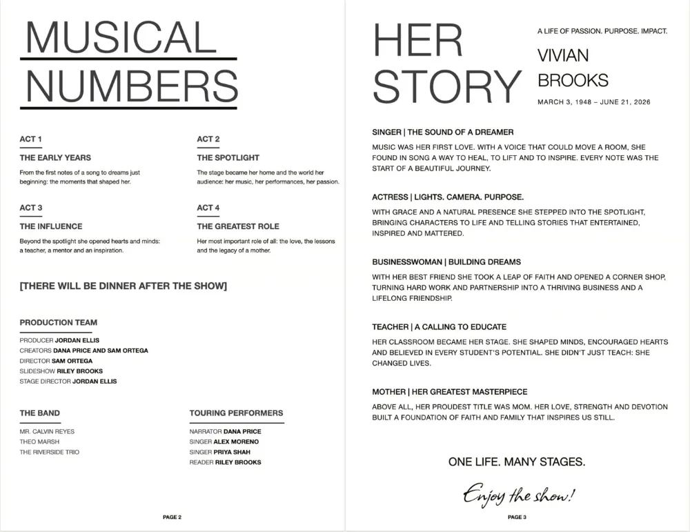 Curtain Call inside pages: Musical Numbers, the service in four acts, on the left and the life story in five parts on the right.