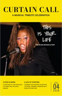 Curtain Call booklet cover: a yellow band with a bold title over a stage-style photo with the words This is your life.