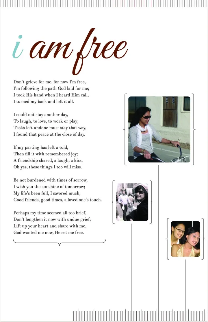 Encore back cover: the poem I Am Free in script with three photos along a timeline.