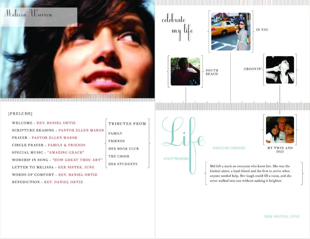 Encore inside pages: order of service and tributes in braces on the left, a photo timeline with a tribute on the right.