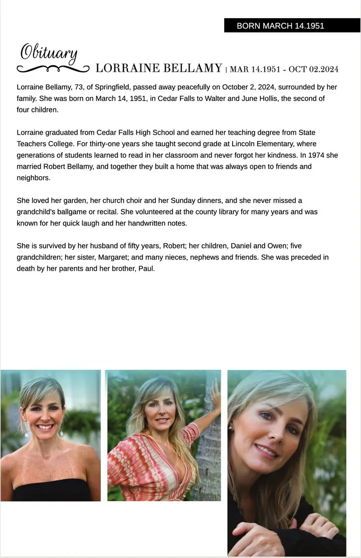Expressions back cover: the obituary under a script heading with three photos along the bottom.