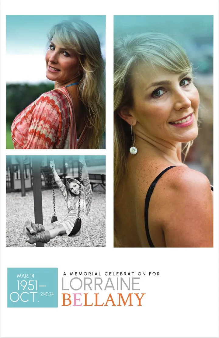 Expressions funeral program cover: three photos, a teal date block and their name in gray and orange.
