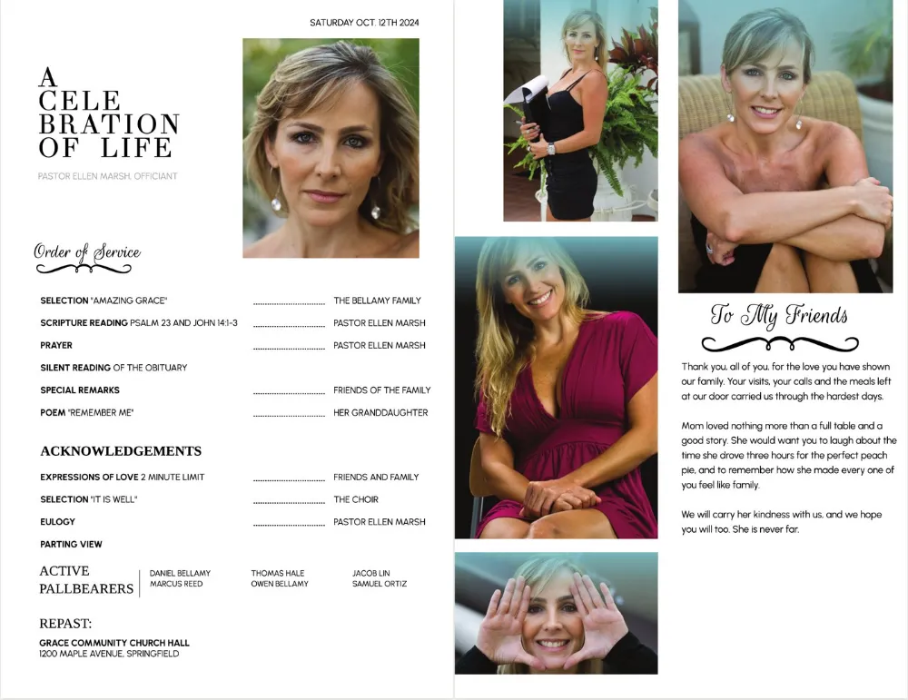 Expressions inside pages: order of service with pallbearers on the left, a letter to friends with four photos on the right.
