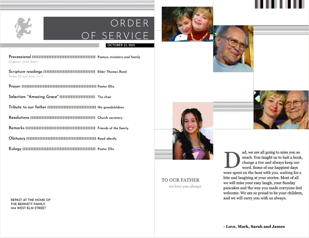Golden Hour inside pages: order of service on the left, photos and tribute with drop cap on the right.