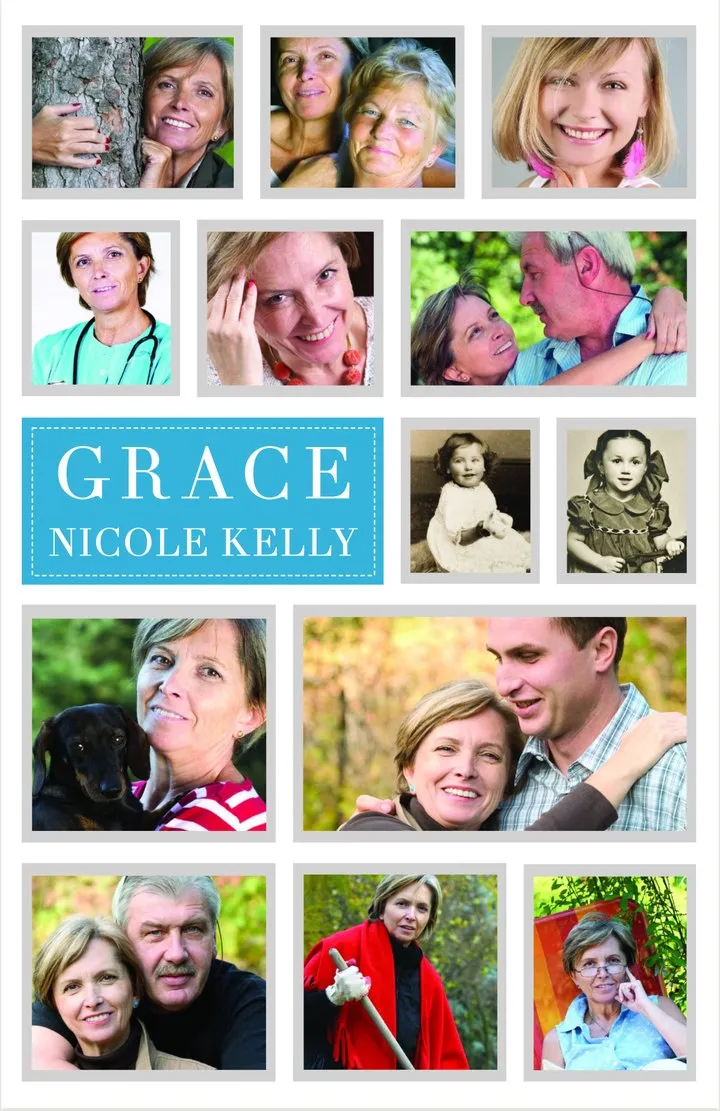 Memorial booklet back cover template with a photo collage surrounding a teal name panel.