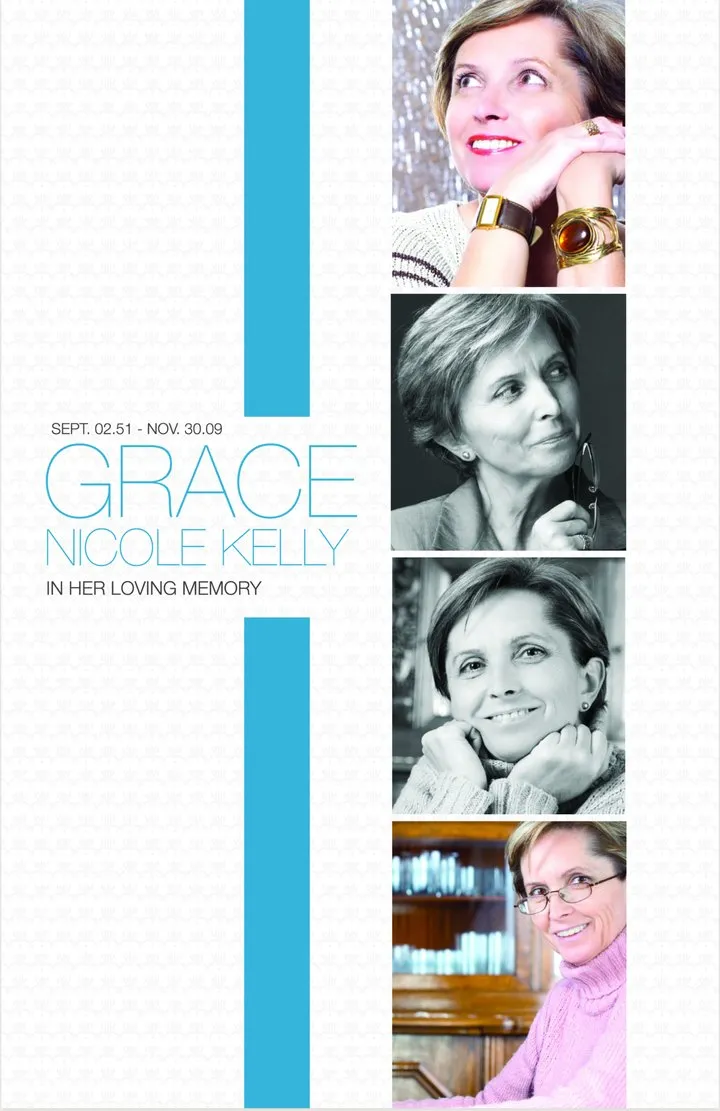 Memorial booklet front cover template with four photos, name, dates and a teal vertical bar.