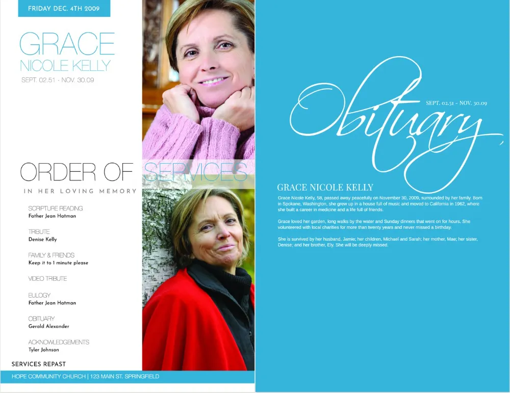 Inside pages of a funeral program template: order of service with two photos on the left, obituary on a teal page on the right.