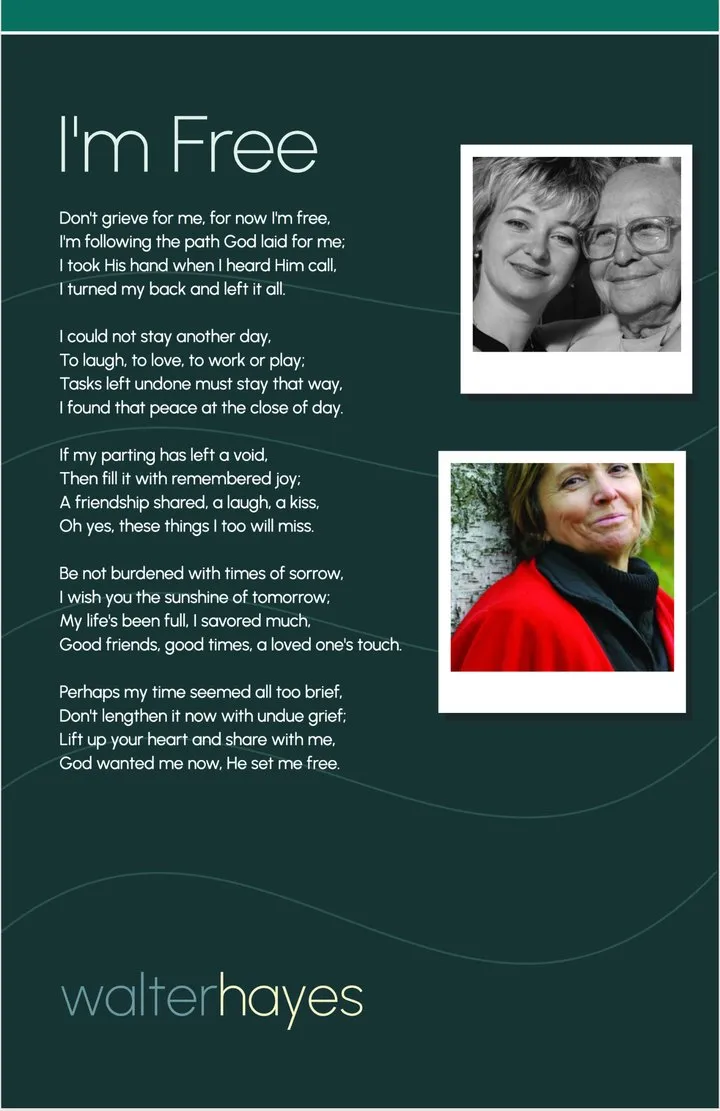 Meridian back cover: the poem I'm Free on deep teal with two instant-print photos and the name.