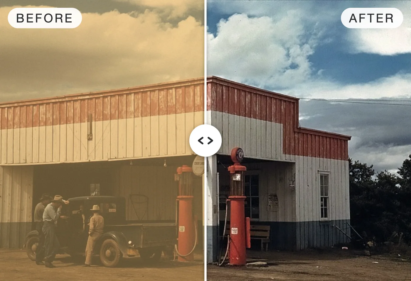 An old, yellowed print on the left and the same photo restored on the right, with its blue sky, white building and red trim back.