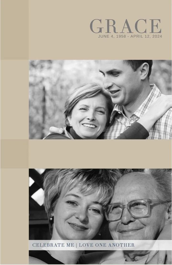 Shelter funeral program cover: their first name in serif capitals over sand and stone blocks, with two photos.