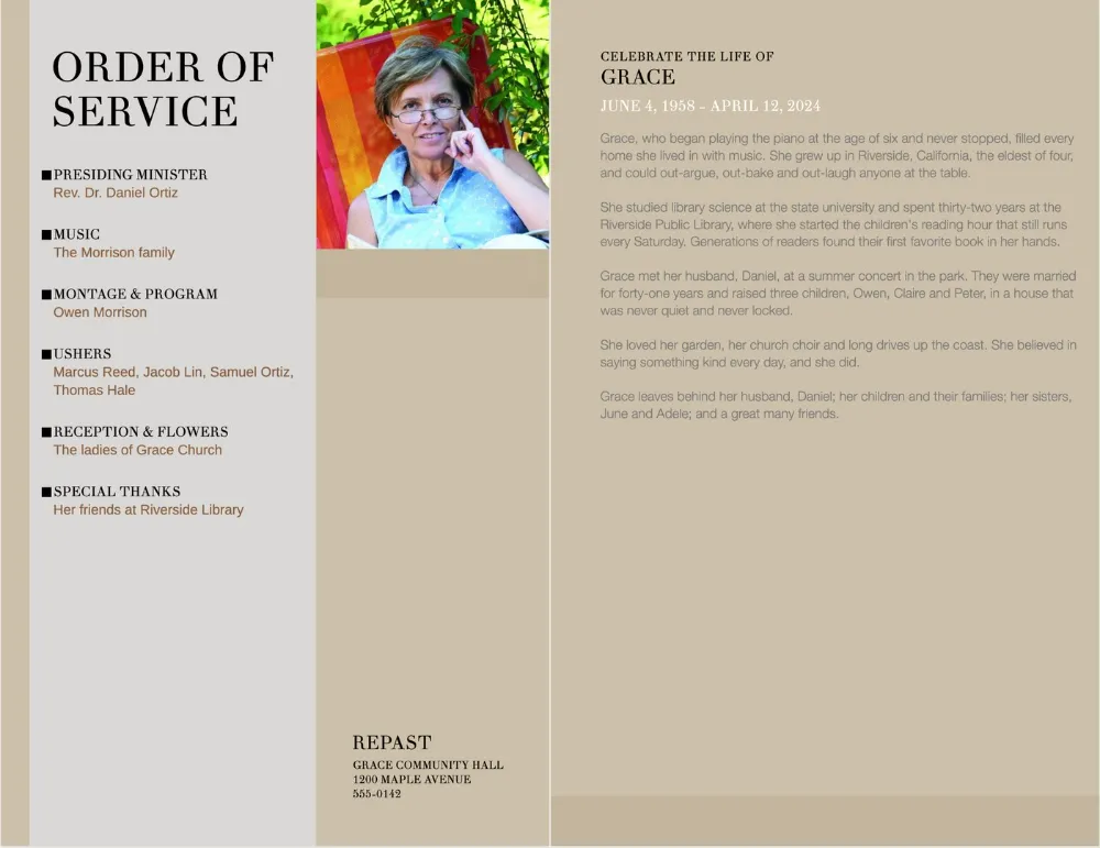 Shelter inside pages: order of service with square markers on the left, the obituary on the right.