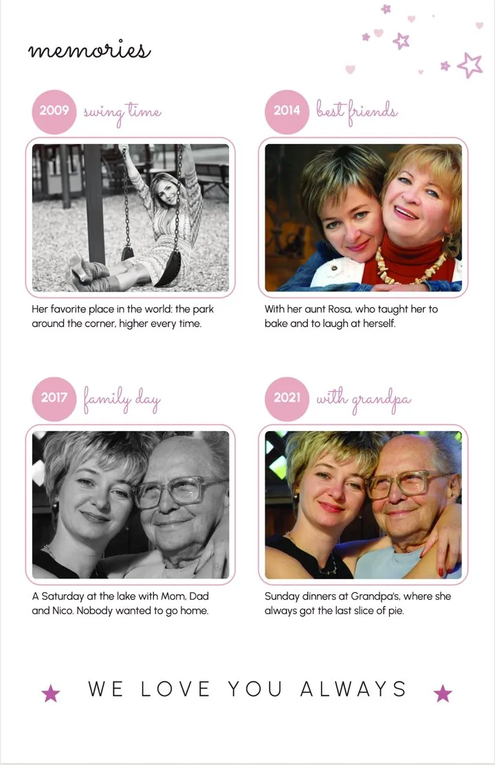 Shooting Star back cover: four memory photos in pink frames, each with a year and a title in script.