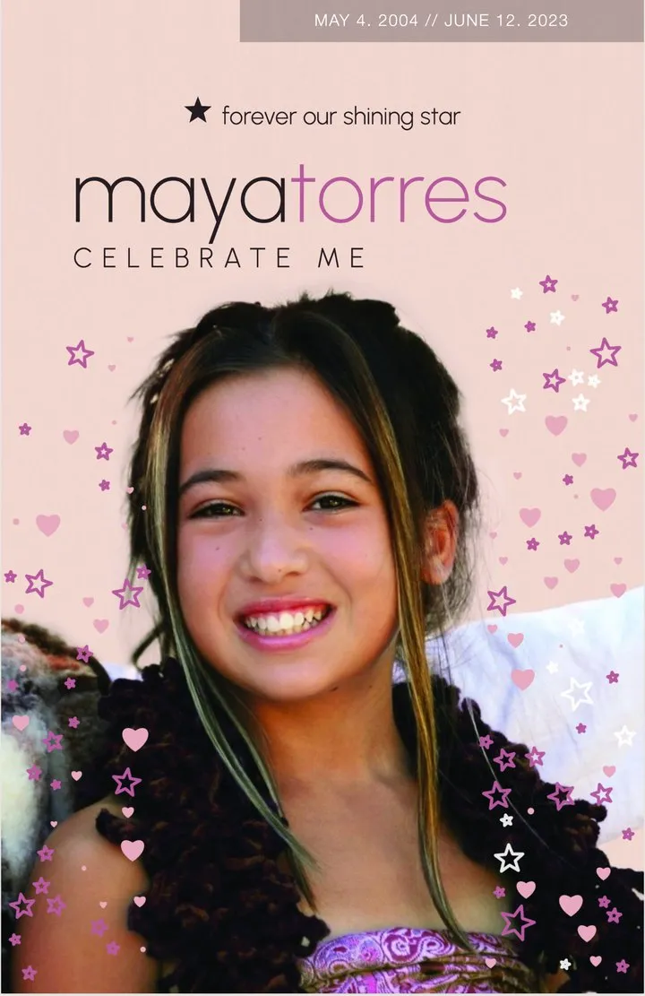 Shooting Star celebration of life program cover: a large photo framed by stars and hearts, their name in charcoal and magenta.