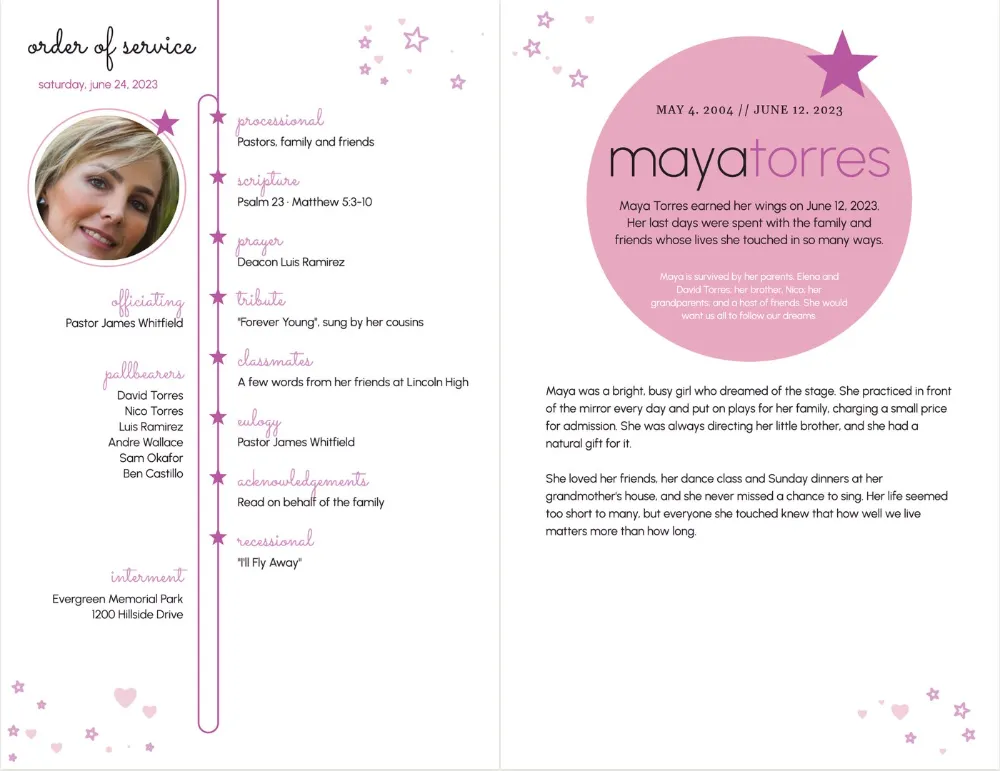 Shooting Star inside pages: order of service along a magenta line with stars on the left, the obituary in a pink circle on the right.